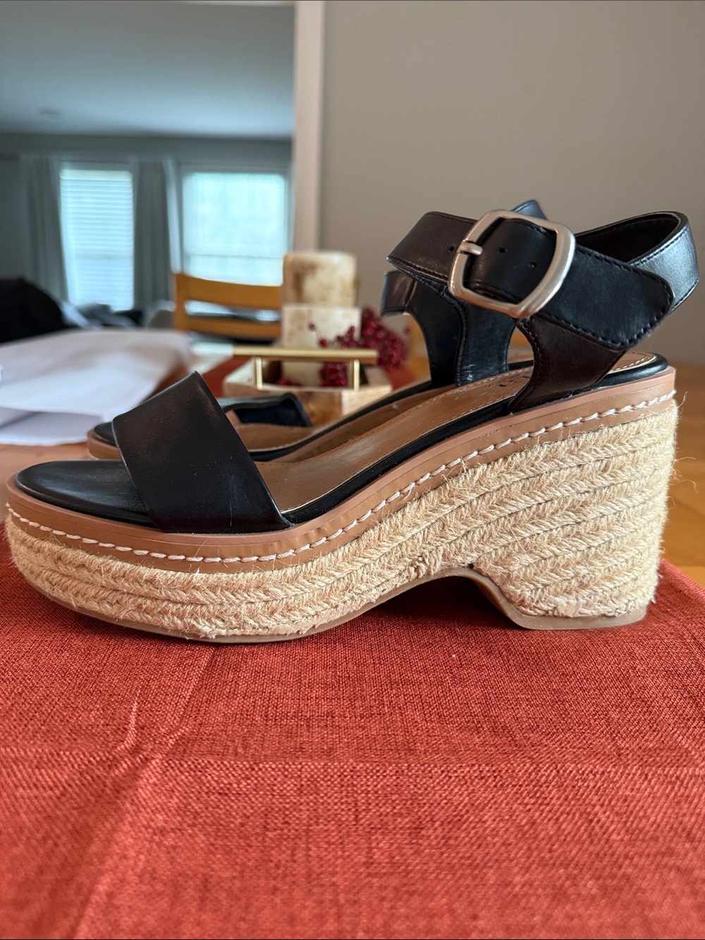 ANA Black Espadrille Platform Sandals with Ankle Buckle